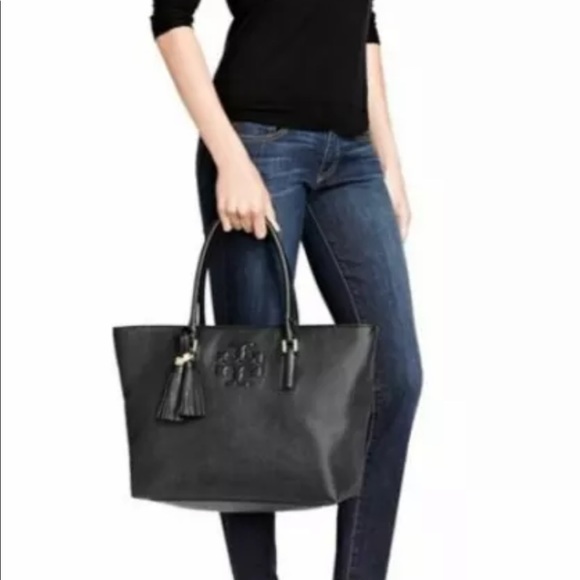 TORY BURCH THEA  LARGE ZIP TOP LEATHER TOTE LAPTOP BAG BLACK SOLD OUT BNWOT $495 - Picture 3 of 10